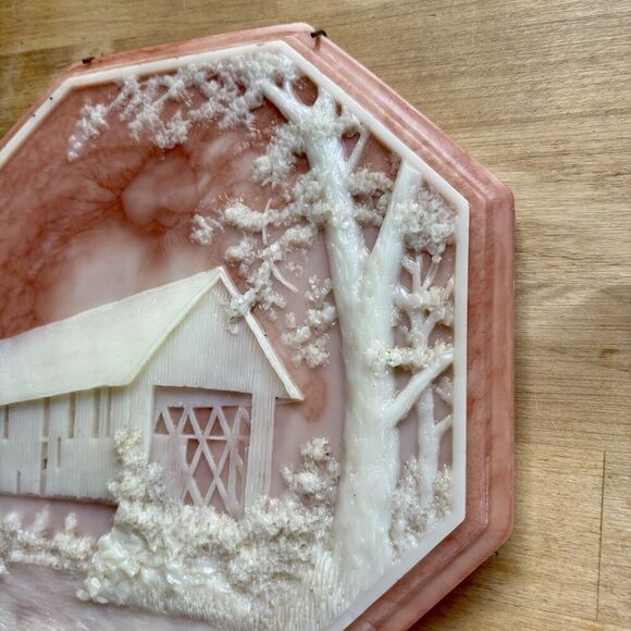 Vtg Incolay Soapstone Cottage Bridge Cute Marbled Plate Pink Ivory Forrest River - Picture 4 of 8